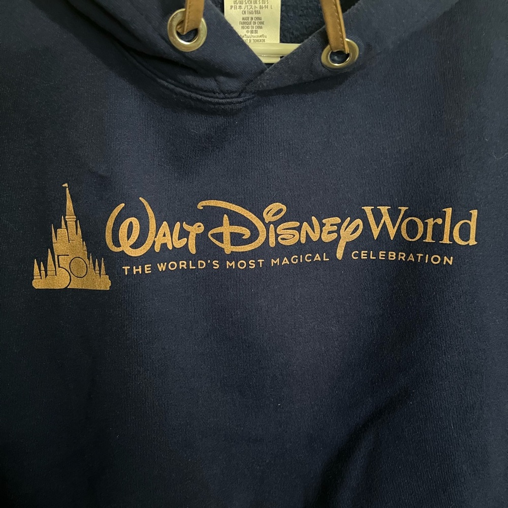 DISNEY 50th Anniversary Cropped Hooded Sweatshirt Navy Blue Gold Women's Sz S - Picture 3 of 6